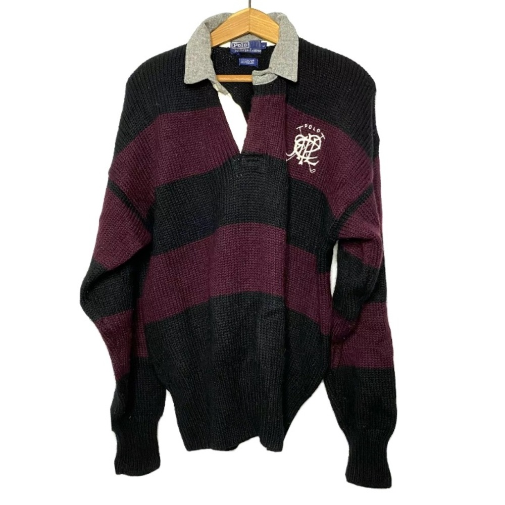 Polo Ralph Lauren Black Maroon Striped Wool Knit Pullover Sweater Vintage VTG